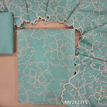 Pastel blue premium cotton unstitched salwar material, floral embroidery work on front (lining needed)matching cotton bottom,floral embroidery, cut work on soft mul cotton dupatta. MY262115