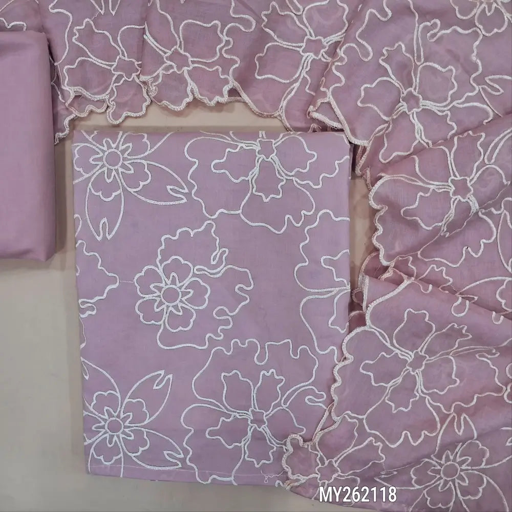 Pastel pink premium cotton unstitched salwar material, floral embroidery work on front (lining needed)matching cotton bottom,floral embroidery, cut work on soft mul cotton dupatta. MY262118