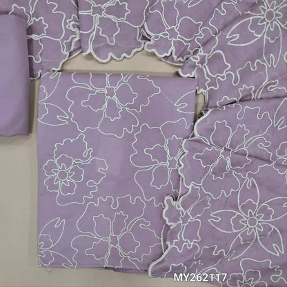 Lavender shade premium cotton unstitched salwar material, floral embroidery work on front (lining needed)matching cotton bottom,floral embroidery, cut work on soft mul cotton dupatta. MY262117