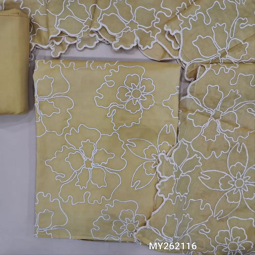 Light beige premium cotton unstitched salwar material, floral embroidery work on front (lining needed)matching cotton bottom,floral embroidery, cut work on soft mul cotton dupatta. MY262116