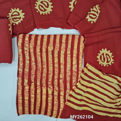 Yellow original wax batik Dyed crepe georgette unstitched salwar material (soft,Lining Needed) vertical design, maroon santoon bottom, pure crepe georgette batik dupatta.(TAPING NEEDED).MY262104