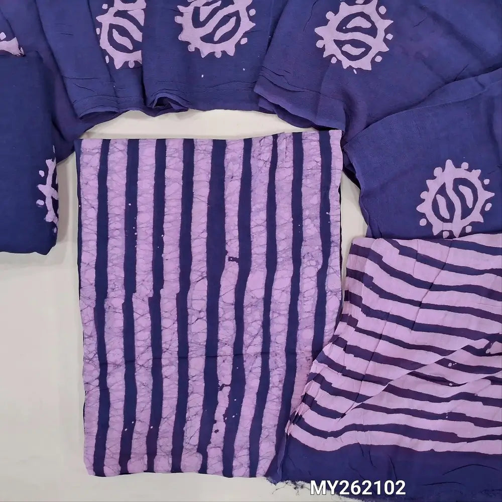 Lavender original wax batik Dyed crepe georgette unstitched salwar material (soft,Lining Needed) vertical design,dark blue santoon bottom, pure crepe georgette batik dupatta.(TAPING NEEDED).MY262102