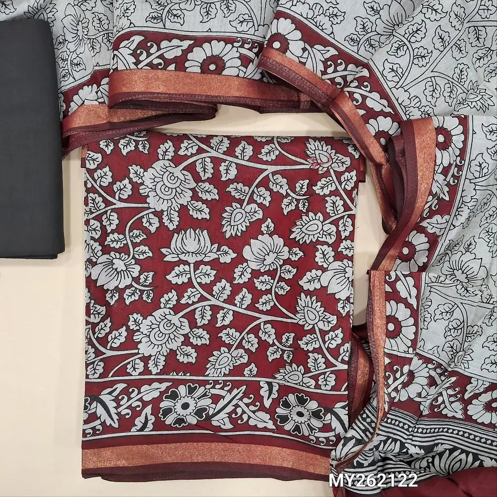 Dark maroon floral printed soft fancy silk cotton unstitched salwar material, printed all over (Lining Needed) black cotton bottom,  printed soft silk cotton full length dupatta with floral printed pallu. (TAPINGS NEEDED). MY262122
