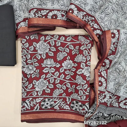 Dark maroon floral printed soft fancy silk cotton unstitched salwar material, printed all over (Lining Needed) black cotton bottom,  printed soft silk cotton full length dupatta with floral printed pallu. (TAPINGS NEEDED). MY262122