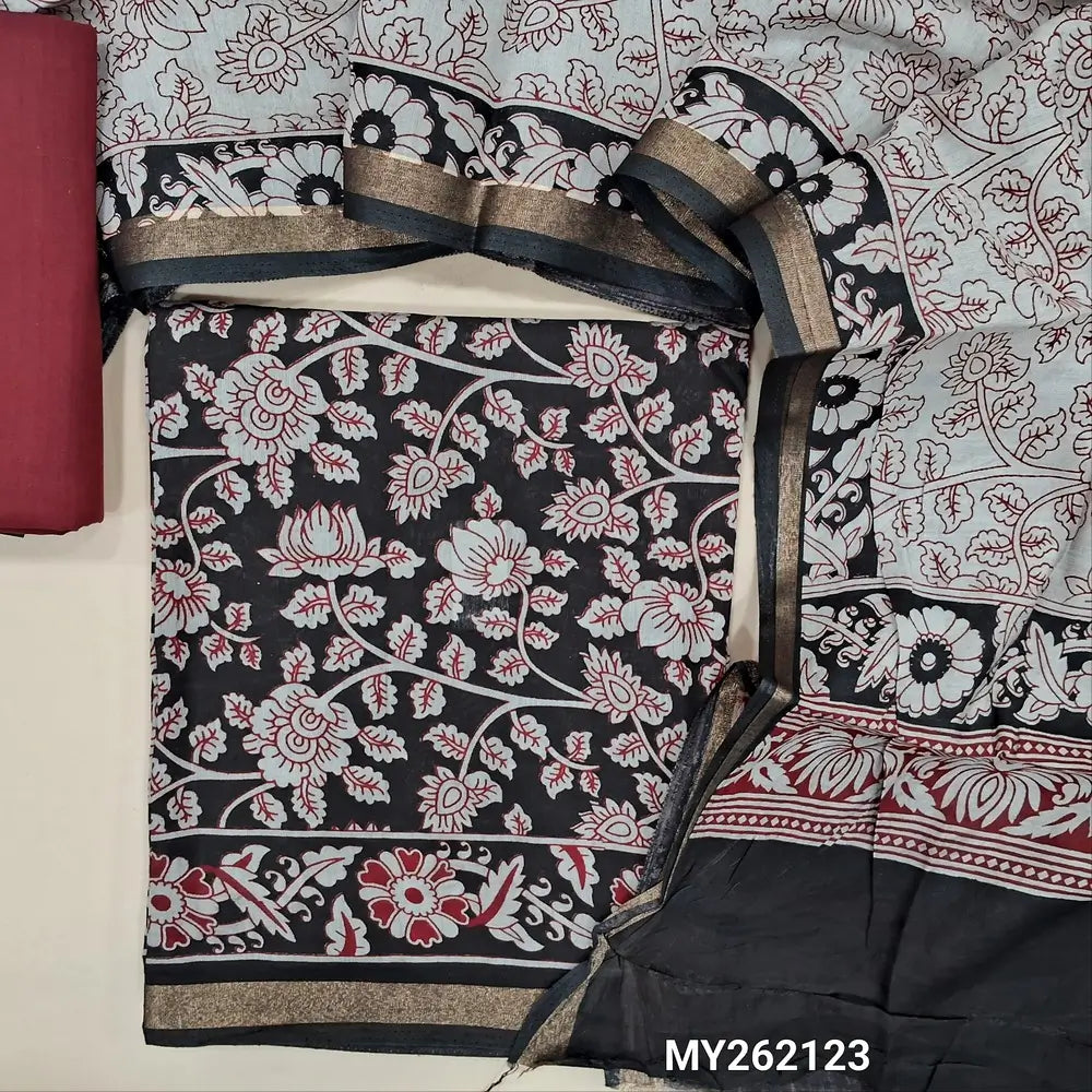 Black floral printed soft fancy silk cotton unstitched salwar material, printed all over (Lining Needed) maroon cotton bottom,  printed soft silk cotton full length dupatta with floral printed pallu. (TAPINGS NEEDED). MY262123