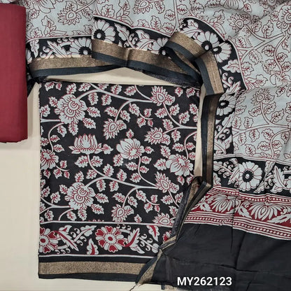 Black floral printed soft fancy silk cotton unstitched salwar material, printed all over (Lining Needed) maroon cotton bottom,  printed soft silk cotton full length dupatta with floral printed pallu. (TAPINGS NEEDED). MY262123