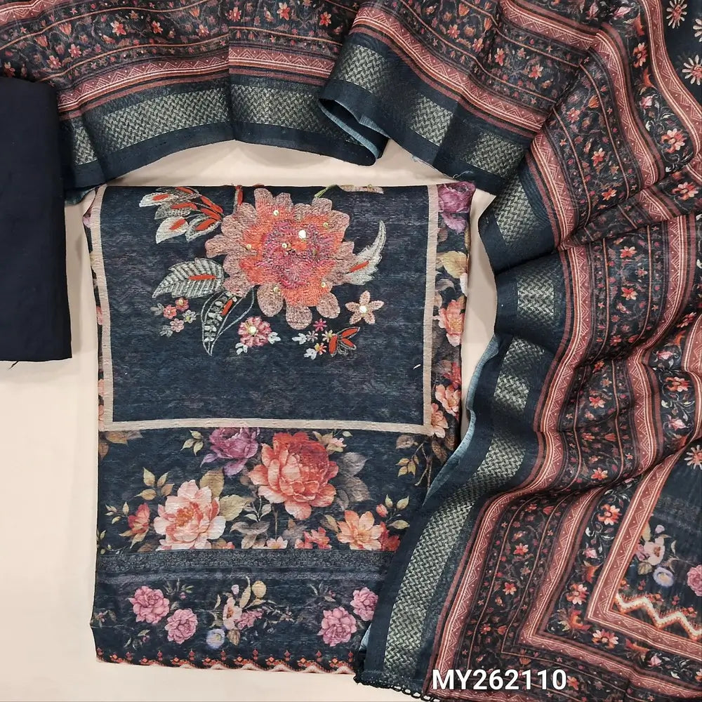 Designer black digital Printed silk cotton unstitched salwar material (lining needed) bead &sequins work on yoke,panel design,floral printed all over,matching spun cotton bottom, digital printed silk cotton dupatta with zari woven borders. MY262110
