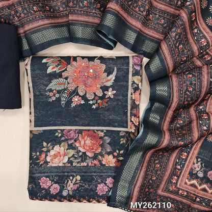Designer black digital Printed silk cotton unstitched salwar material (lining needed) bead &sequins work on yoke,panel design,floral printed all over,matching spun cotton bottom, digital printed silk cotton dupatta with zari woven borders. MY262110