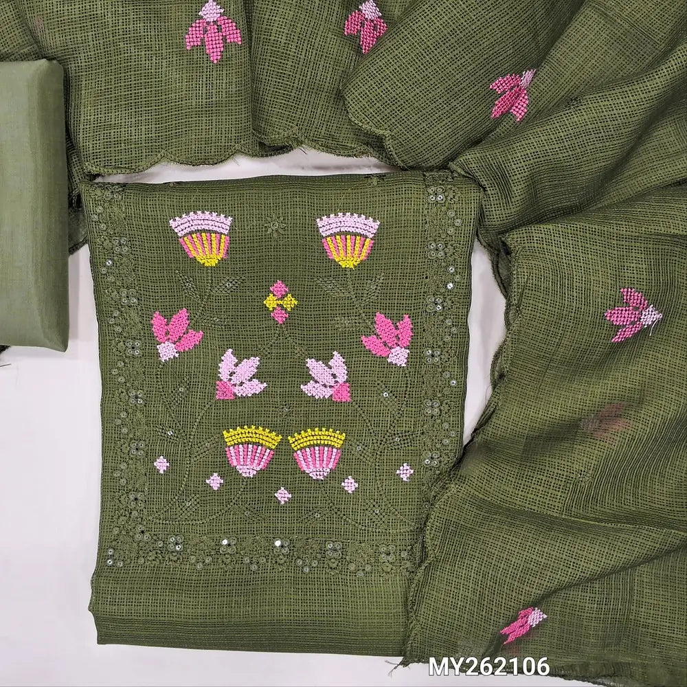 Olive green fancy kota silk cotton unstitched salwar material (lining needed) cross stitch embroidery, sequins work on yoke,self checked ,silky fabric for both bottom and lining, embroidery work on kota silk cotton dupatta with scallop borders. MY262106