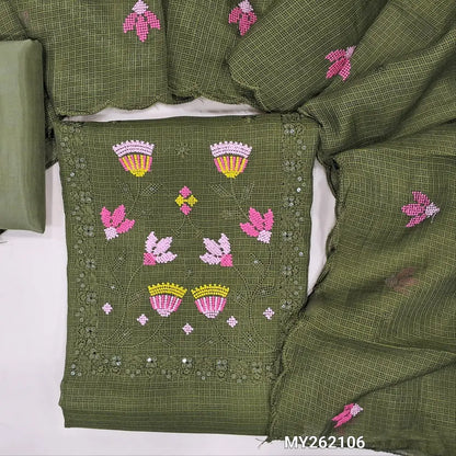 Olive green fancy kota silk cotton unstitched salwar material (lining needed) cross stitch embroidery, sequins work on yoke,self checked ,silky fabric for both bottom and lining, embroidery work on kota silk cotton dupatta with scallop borders. MY262106