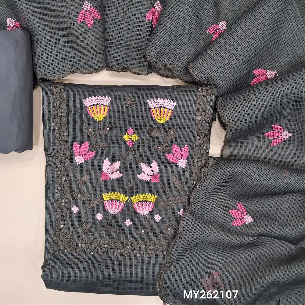 Dark grey fancy kota silk cotton unstitched salwar material (lining needed) cross stitch embroidery, sequins work on yoke,self checked ,silky fabric for both bottom and lining, embroidery work on kota silk cotton dupatta with scallop borders. MY262107