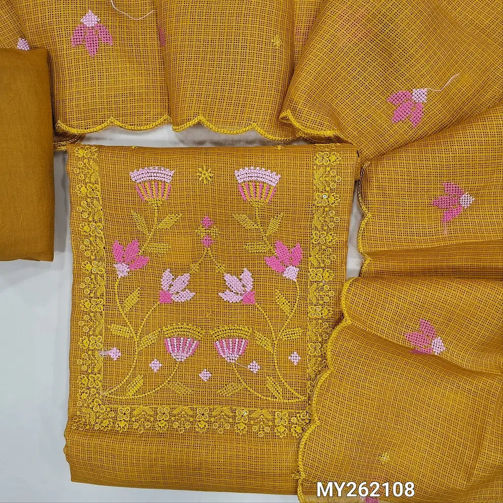 Yellow fancy kota silk cotton unstitched salwar material (lining needed) cross stitch embroidery, sequins work on yoke,self checked ,silky fabric for both bottom and lining, embroidery work on kota silk cotton dupatta with scallop borders. MY262108