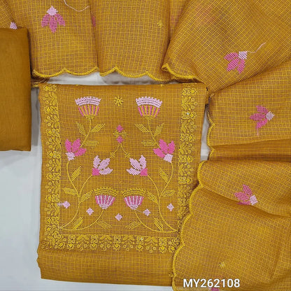 Yellow fancy kota silk cotton unstitched salwar material (lining needed) cross stitch embroidery, sequins work on yoke,self checked ,silky fabric for both bottom and lining, embroidery work on kota silk cotton dupatta with scallop borders. MY262108