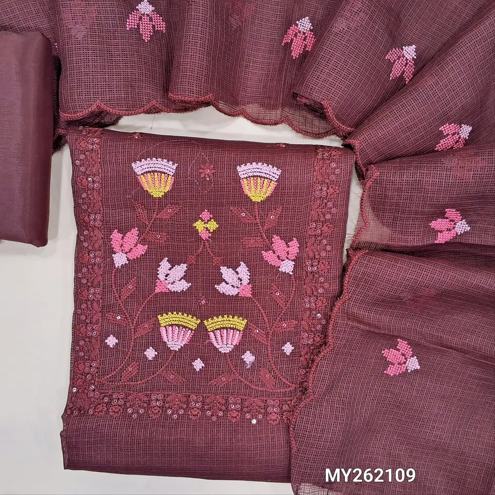 Dark maroon fancy kota silk cotton unstitched salwar material (lining needed) cross stitch embroidery, sequins work on yoke,self checked ,silky fabric for both bottom and lining, embroidery work on kota silk cotton dupatta with scallop borders. MY262109