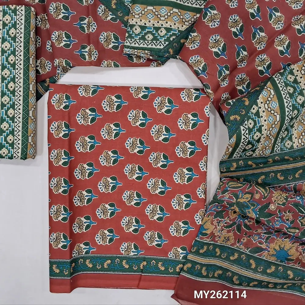 Maroon hand block printed soft cotton unstitched salwar material, ( thin,lining optional)printed cotton bottom,printed full length pure cotton dupatta. (TAPINGS NEEDED, INCONSISTENT PRINTS ARE NOT DEFECTS) MY262114