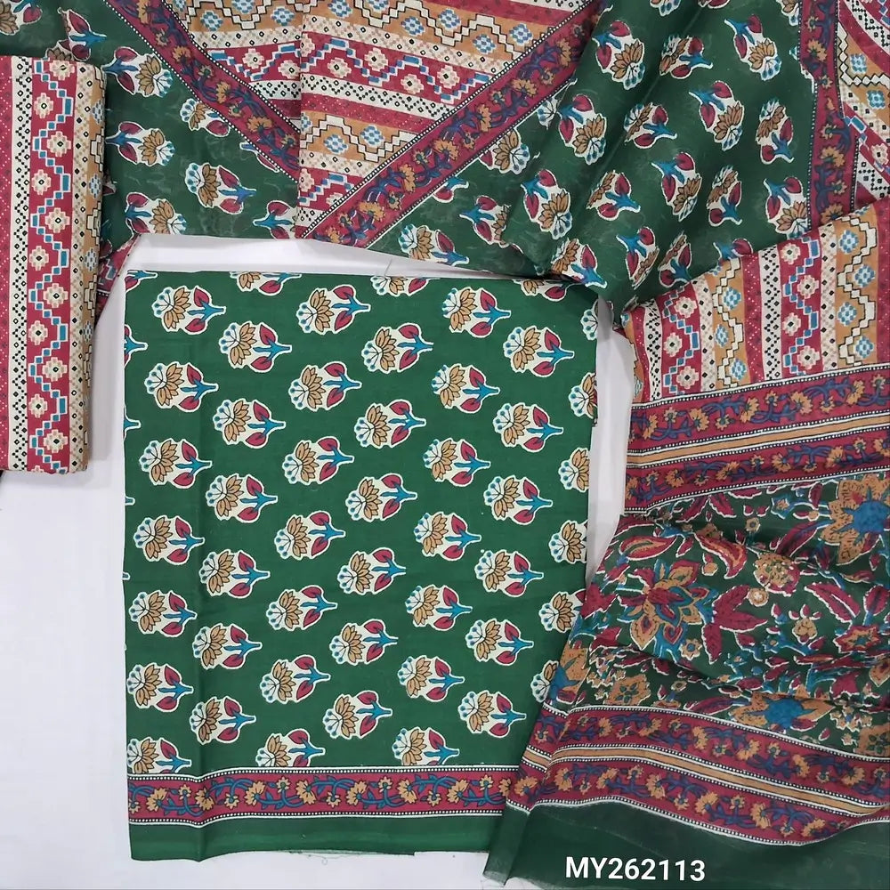 Dark green hand block printed soft cotton unstitched salwar material, ( thin,lining optional)printed cotton bottom,printed full length pure cotton dupatta. (TAPINGS NEEDED, INCONSISTENT PRINTS ARE NOT DEFECTS) MY262113