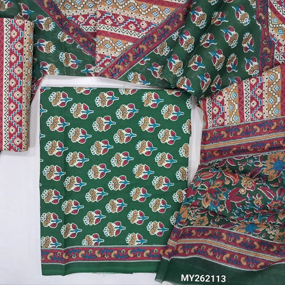 Dark green hand block printed soft cotton unstitched salwar material, ( thin,lining optional)printed cotton bottom,printed full length pure cotton dupatta. (TAPINGS NEEDED, INCONSISTENT PRINTS ARE NOT DEFECTS) MY262113