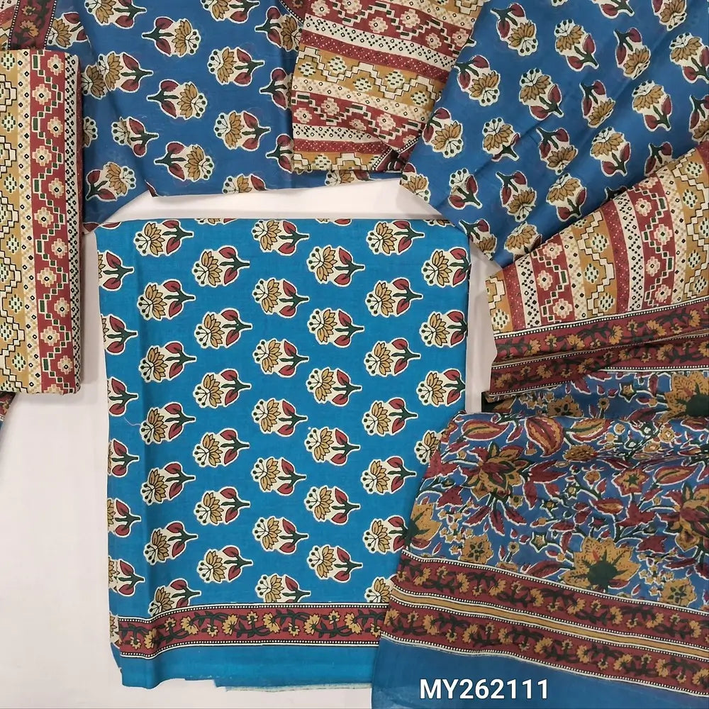 Blue shade hand block printed soft cotton unstitched salwar material, ( thin,lining optional)printed cotton bottom,printed full length pure cotton dupatta. (TAPINGS NEEDED, INCONSISTENT PRINTS ARE NOT DEFECTS) MY262111