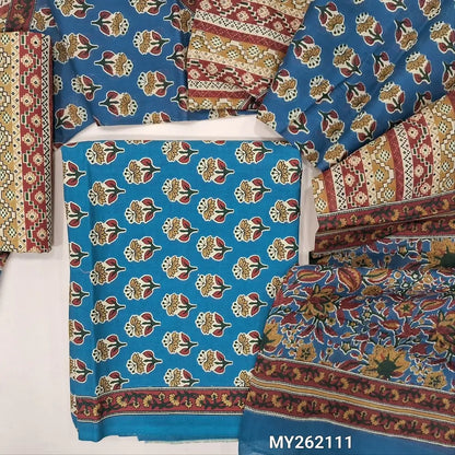 Blue shade hand block printed soft cotton unstitched salwar material, ( thin,lining optional)printed cotton bottom,printed full length pure cotton dupatta. (TAPINGS NEEDED, INCONSISTENT PRINTS ARE NOT DEFECTS) MY262111