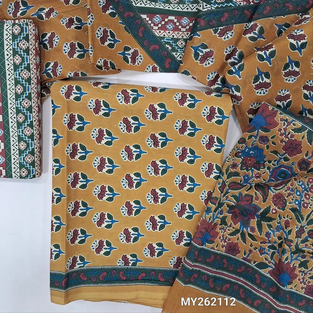 Light mehandhi yellow hand block printed soft cotton unstitched salwar material, ( thin,lining optional)printed cotton bottom,printed full length pure cotton dupatta. (TAPINGS NEEDED, INCONSISTENT PRINTS ARE NOT DEFECTS) MY262112