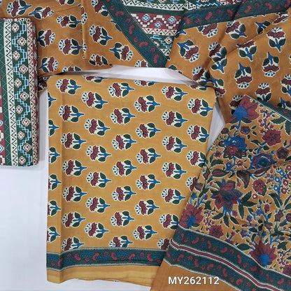Light mehandhi yellow hand block printed soft cotton unstitched salwar material, ( thin,lining optional)printed cotton bottom,printed full length pure cotton dupatta. (TAPINGS NEEDED, INCONSISTENT PRINTS ARE NOT DEFECTS) MY262112