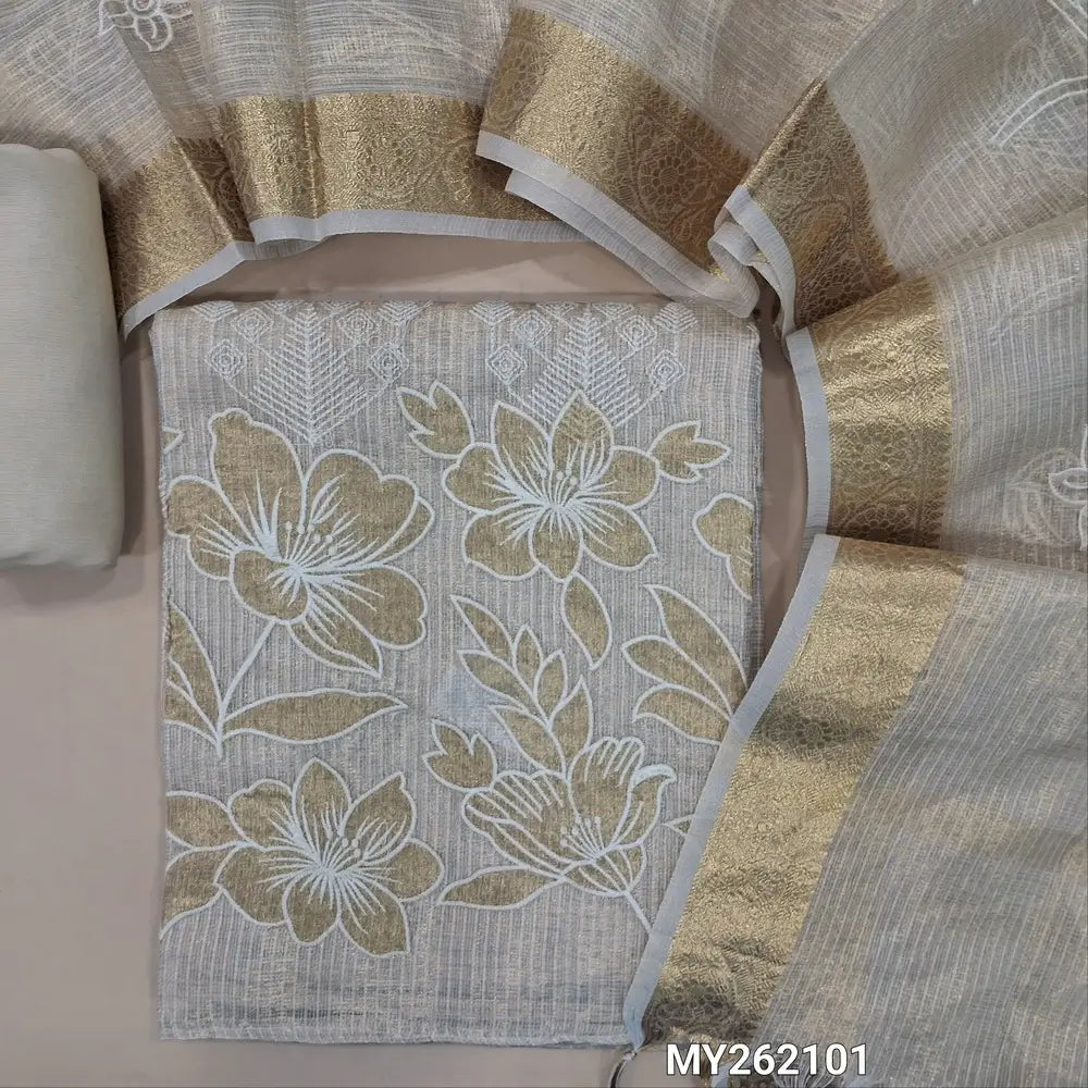 Rich golden beige tissue kota unstitched salwar material (lining needed) thread embroidery and applique work on daman, self embroidered,matching spun cotton bottom, rich embroidery work on tissue kota dupatta with benarasi zari woven borders. MY262101