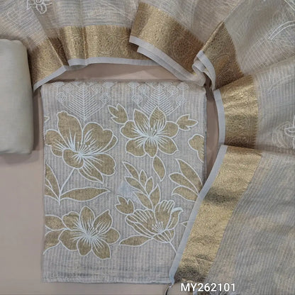 Rich golden beige tissue kota unstitched salwar material (lining needed) thread embroidery and applique work on daman, self embroidered,matching spun cotton bottom, rich embroidery work on tissue kota dupatta with benarasi zari woven borders. MY262101