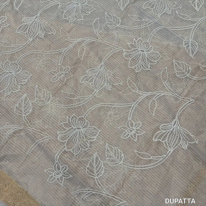 Rich golden beige tissue kota unstitched salwar material (lining needed) thread embroidery and applique work on daman, self embroidered,matching spun cotton bottom, rich embroidery work on tissue kota dupatta with benarasi zari woven borders. MY262124
