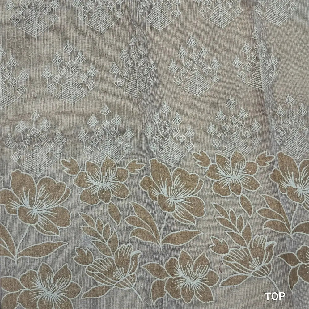 Rich golden beige tissue kota unstitched salwar material (lining needed) thread embroidery and applique work on daman, self embroidered,matching spun cotton bottom, rich embroidery work on tissue kota dupatta with benarasi zari woven borders. MY262101