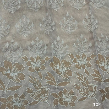 Rich golden beige tissue kota unstitched salwar material (lining needed) thread embroidery and applique work on daman, self embroidered,matching spun cotton bottom, rich embroidery work on tissue kota dupatta with benarasi zari woven borders. MY262101