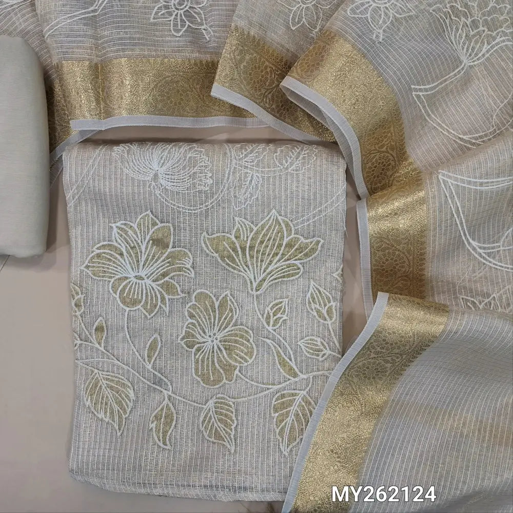 Rich golden beige tissue kota unstitched salwar material (lining needed) thread embroidery and applique work on daman, self embroidered,matching spun cotton bottom, rich embroidery work on tissue kota dupatta with benarasi zari woven borders. MY262124