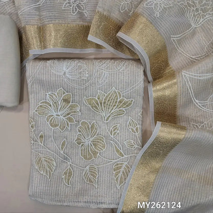 Rich golden beige tissue kota unstitched salwar material (lining needed) thread embroidery and applique work on daman, self embroidered,matching spun cotton bottom, rich embroidery work on tissue kota dupatta with benarasi zari woven borders. MY262124
