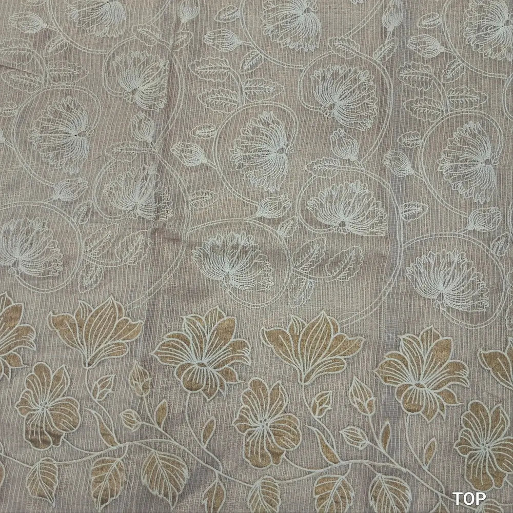 Rich golden beige tissue kota unstitched salwar material (lining needed) thread embroidery and applique work on daman, self embroidered,matching spun cotton bottom, rich embroidery work on tissue kota dupatta with benarasi zari woven borders. MY262124