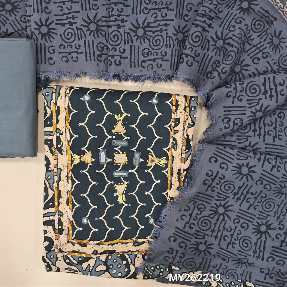 Dark grey printed soft cotton unstitched salwar material, real mirror work on yoke,(lining needed)light grey cotton bottom,hand block printed soft silk cotton dupatta(TAPPING NEEDED). MY262219