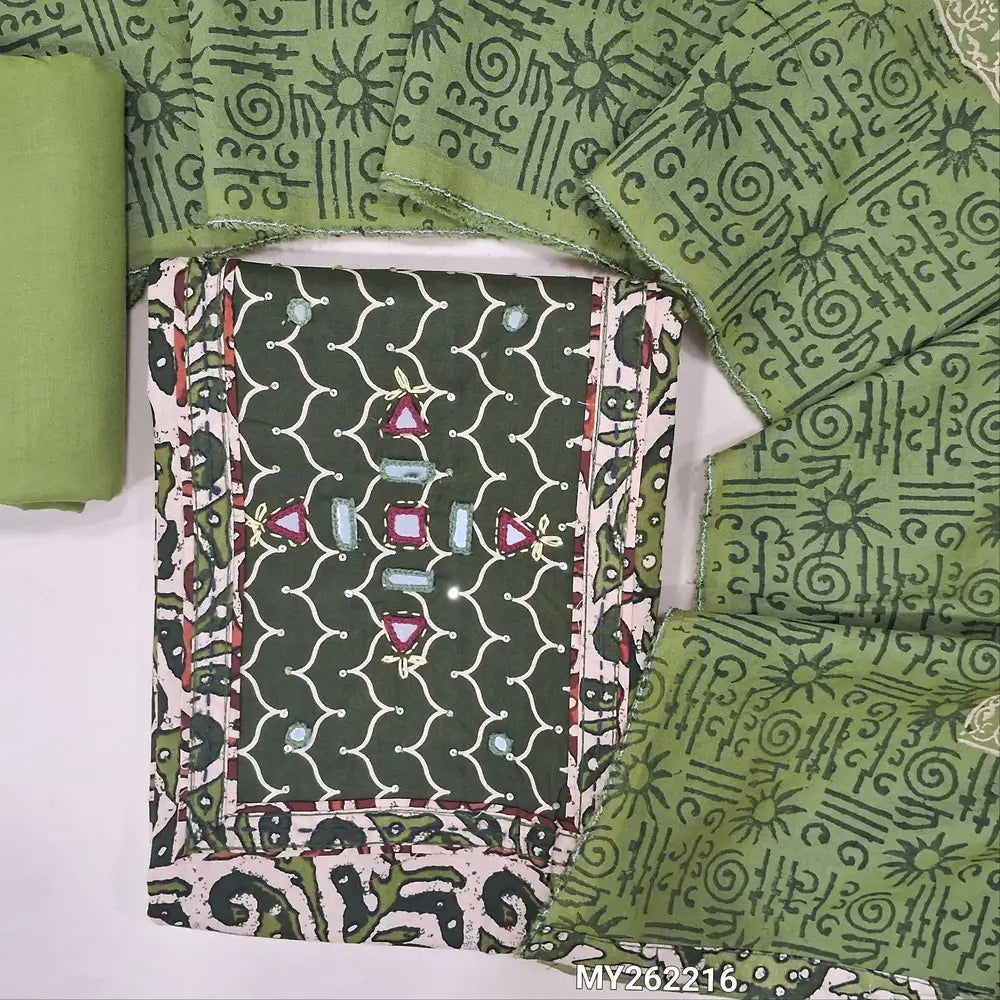 Dark green printed soft cotton unstitched salwar material, real mirror work on yoke,(lining needed)light green cotton bottom,hand block printed soft silk cotton dupatta(TAPPING NEEDED). MY262216