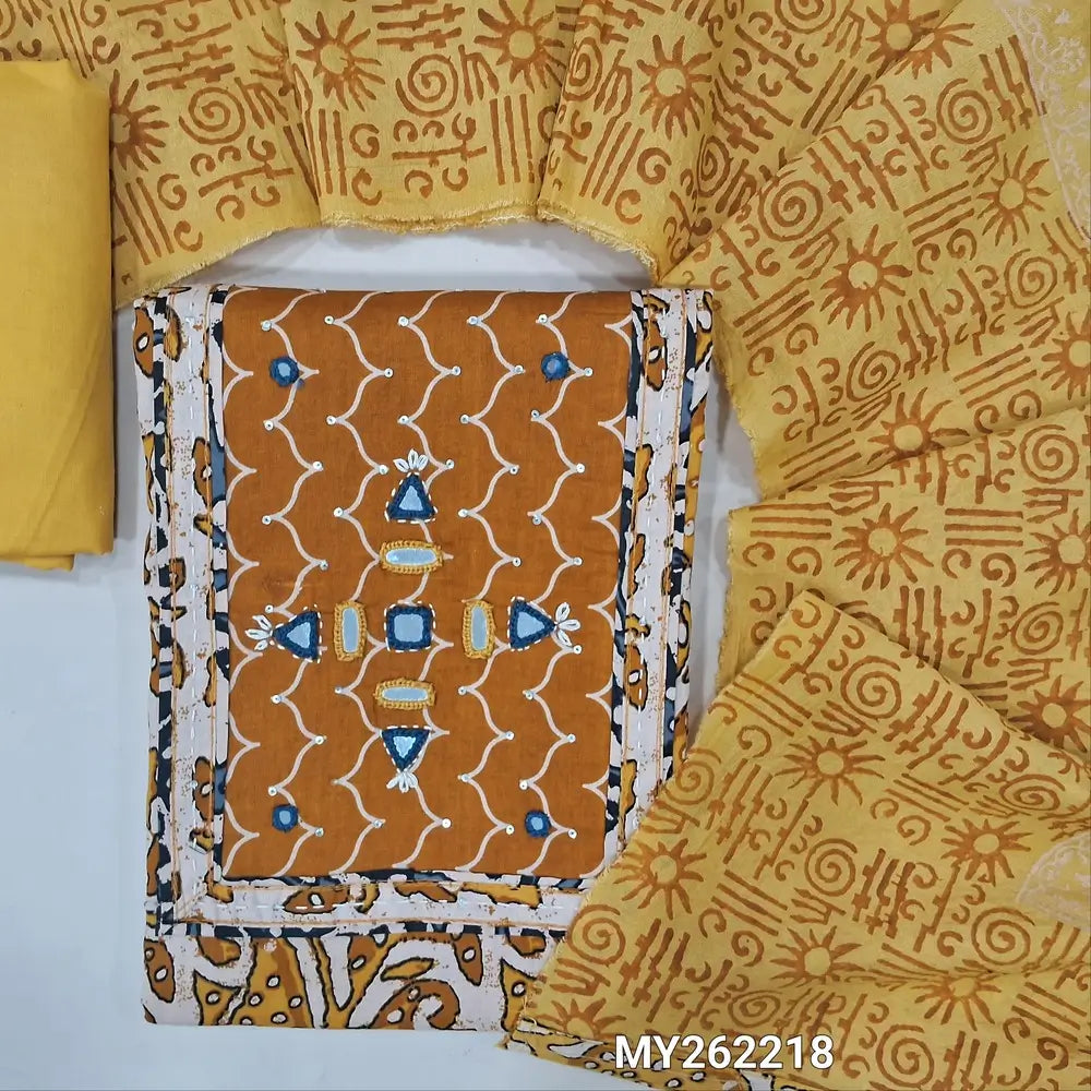 Mehandhi yellow printed soft cotton unstitched salwar material, real mirror work on yoke,(lining needed)pastel yellow cotton bottom,hand block printed soft silk cotton dupatta(TAPPING NEEDED). MY262218