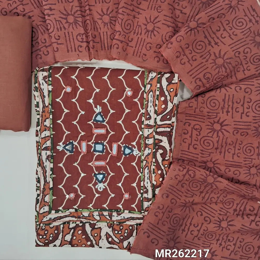 Brick red printed soft cotton unstitched salwar material, real mirror work on yoke,(lining needed)maroon cotton bottom,hand block printed soft silk cotton dupatta(TAPPING NEEDED). MY262217
