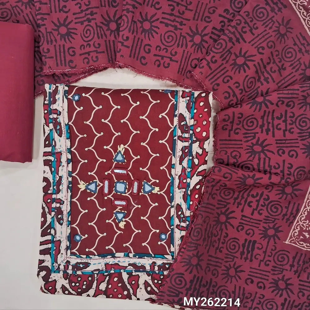 Dark maroon & pink printed soft cotton unstitched salwar material, real mirror work on yoke,(lining needed)dark pink cotton bottom,hand block printed soft silk cotton dupatta(TAPPING NEEDED). MY262214