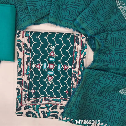 Dark teal blue printed soft cotton unstitched salwar material, real mirror work on yoke,(lining needed)turquoise blue cotton bottom,hand block printed soft silk cotton dupatta(TAPPING NEEDED). MY262215