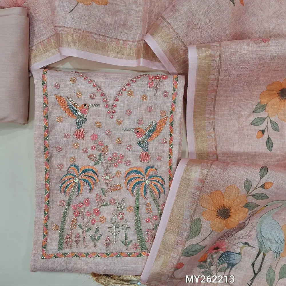 Light peachish pink with golden tint tissue linen unstitched salwar material, embroidery,bead work and zarodsi on yoke, digital printed daman,(thin fabric, lining needed)spun cotton bottom,digital printed tissue linen dupatta with tissue borders. MY262213
