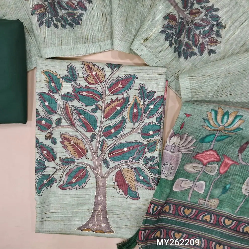 Pastel green semi linen unstitched salwar material(lining needed)digital printed, zari & faux mirror work on yoke and daman, dark green cotton bottom, digital printed semi linen full length dupatta. MY262209