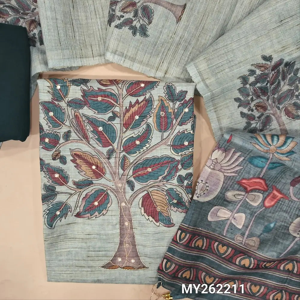 Light blueish grey semi linen unstitched salwar material(lining needed)digital printed, zari & faux mirror work on yoke and daman, teal blue cotton bottom, digital printed semi linen full length dupatta. MY262211