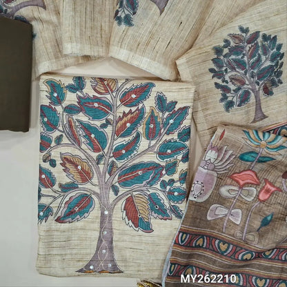 Beige semi linen unstitched salwar material(lining needed)digital printed, zari & faux mirror work on yoke and daman, dark olive green cotton bottom, digital printed semi linen full length dupatta. MY262210