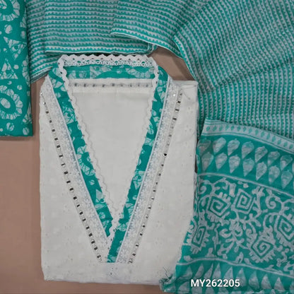 White schiffli embroidered pure cotton unstitched salwar material(lining needed) real mirror work on yoke, schiffli work all over, printed cotton bottom, turquoise blue printed soft mul cotton dupatta. MY262205