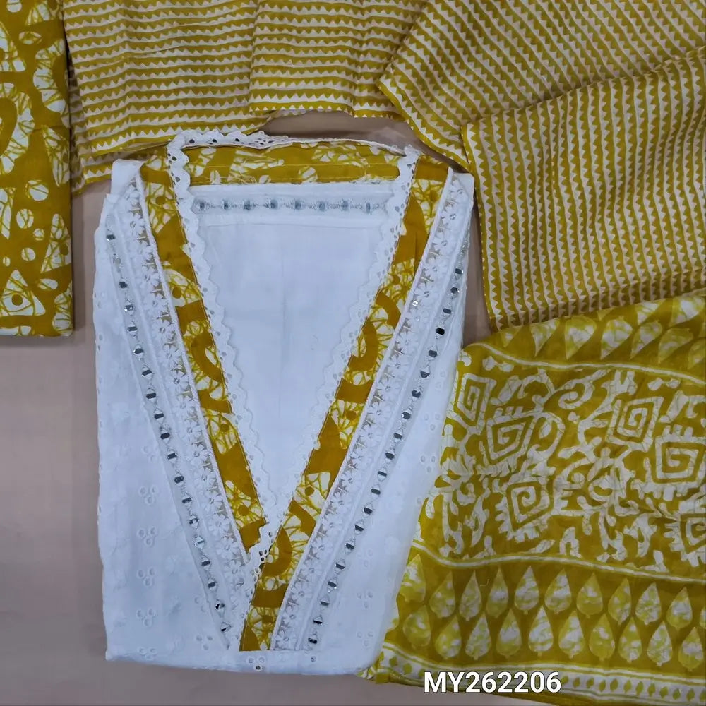 White schiffli embroidered pure cotton unstitched salwar material(lining needed) real mirror work on yoke, schiffli work all over, printed cotton bottom, mehandhi yellow printed soft mul cotton dupatta. MY262206