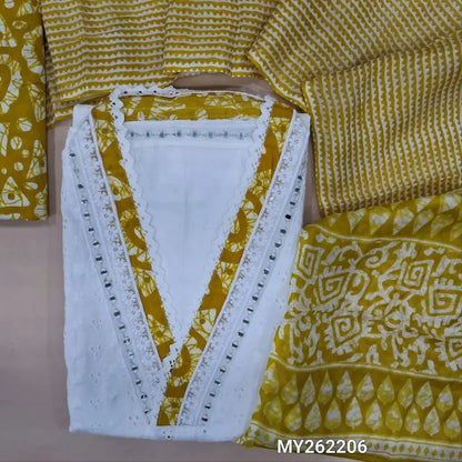 White schiffli embroidered pure cotton unstitched salwar material(lining needed) real mirror work on yoke, schiffli work all over, printed cotton bottom, mehandhi yellow printed soft mul cotton dupatta. MY262206