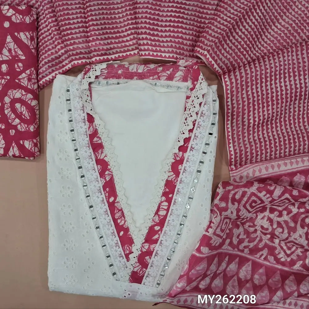 White schiffli embroidered pure cotton unstitched salwar material(lining needed) real mirror work on yoke, schiffli work all over, printed cotton bottom, pink printed soft mul cotton dupatta. MY262208