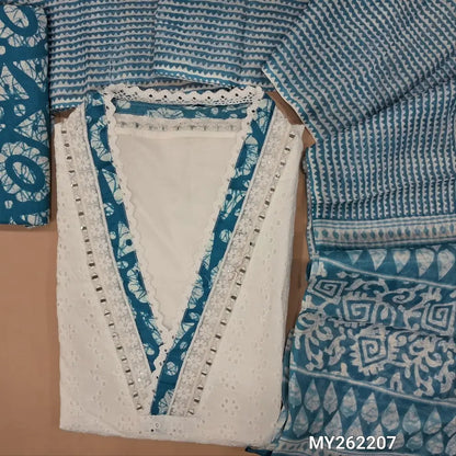 White schiffli embroidered pure cotton unstitched salwar material(lining needed) real mirror work on yoke, schiffli work all over, printed cotton bottom, dark blue printed soft mul cotton dupatta. MY262207