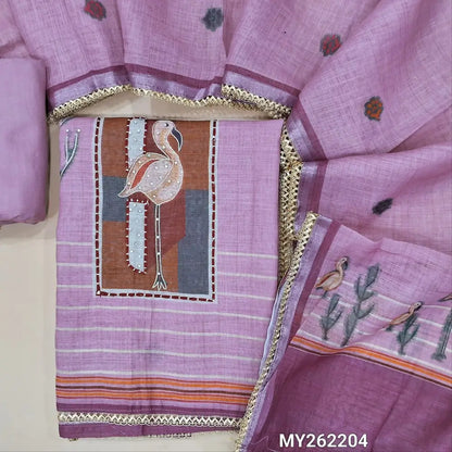 Light purplish pink premium semi linen unstitched salwar material(lining needed)fancy buttons yoke,digital printed, silver zari work on daman,spun cotton bottom, digital printed premium semi linen full length dupatta with lace taping. MY262204