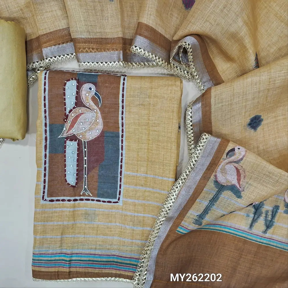 Rich beige premium semi linen unstitched salwar material(lining needed)fancy buttons yoke,digital printed, silver zari work on daman,spun cotton bottom, digital printed premium semi linen full length dupatta with lace taping. MY262202